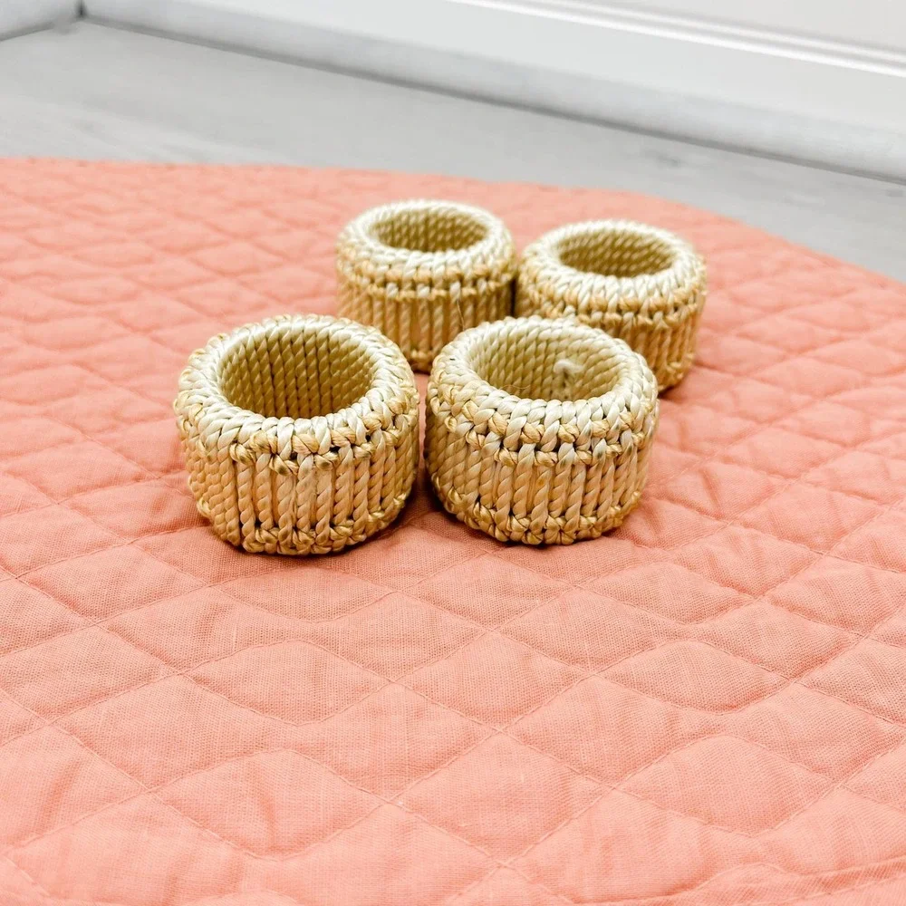 Vintage Faux Wicker Napkin Rings - Set of 4 Retro Beige